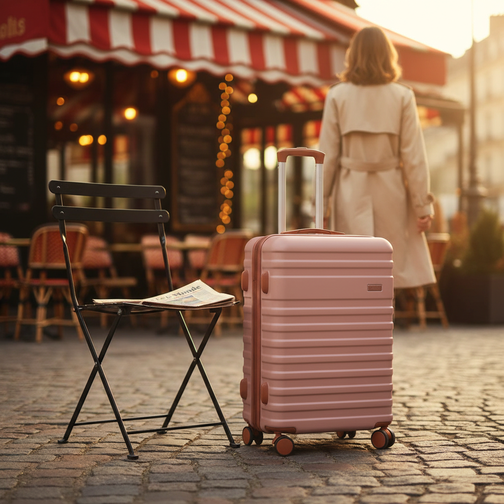 Paris café exterior with Celine pink suitcase