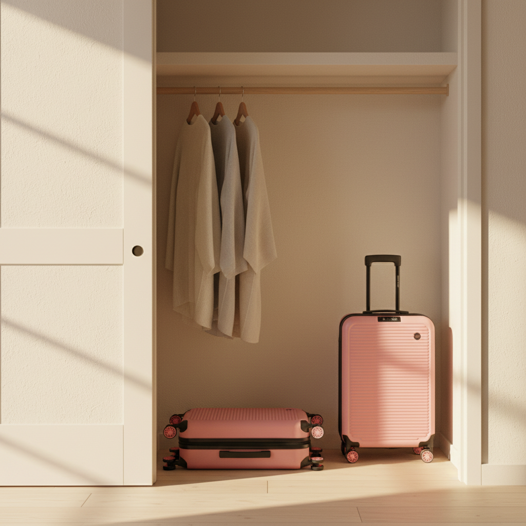 Closet with folded Mirage 360 suitcase