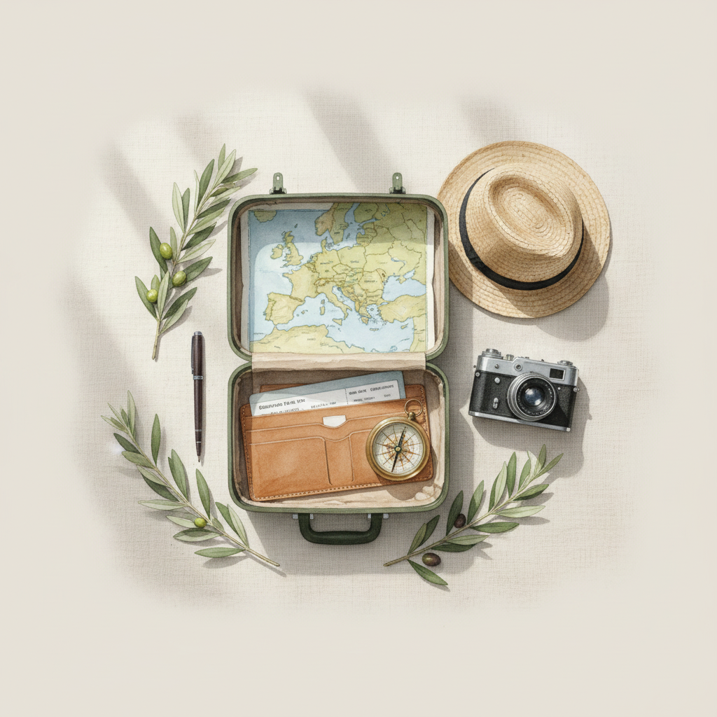 Watercolor flat-lay travel still life