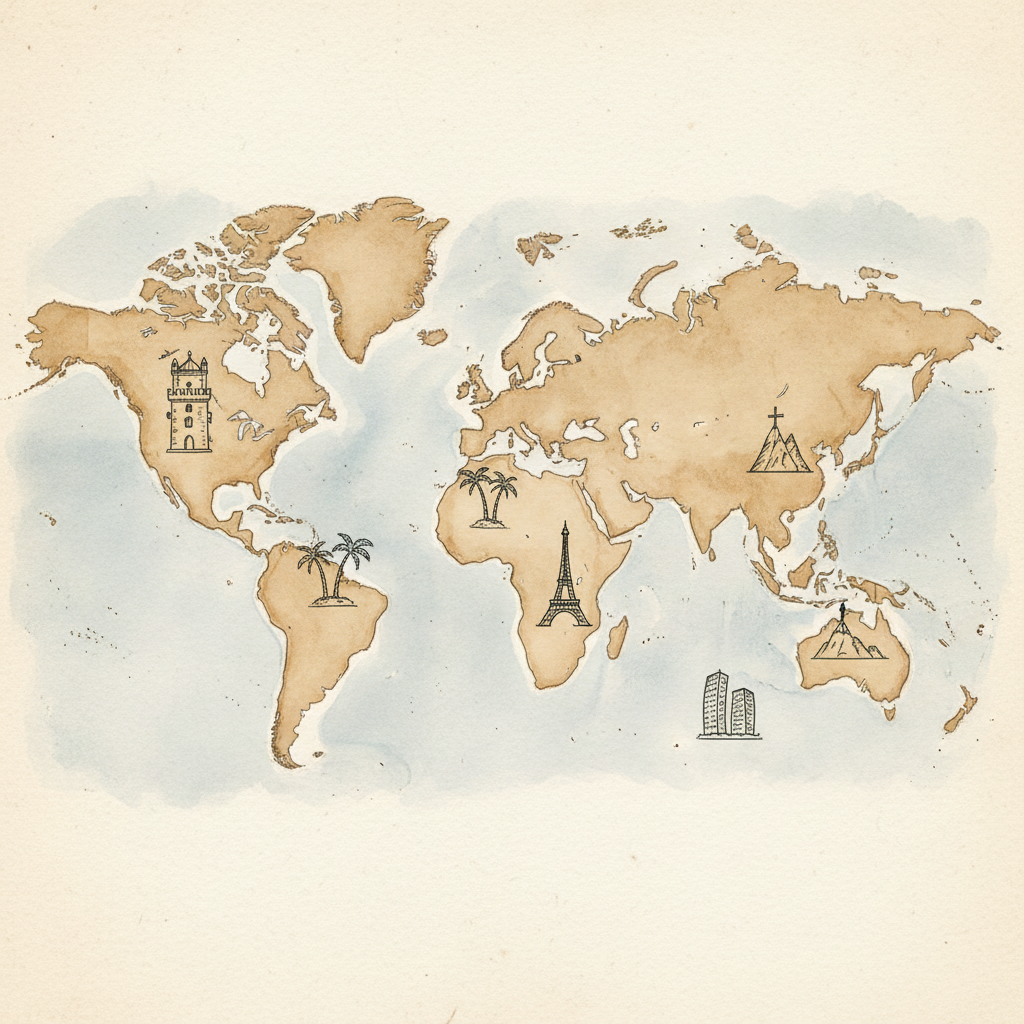 Hand-drawn watercolor world map